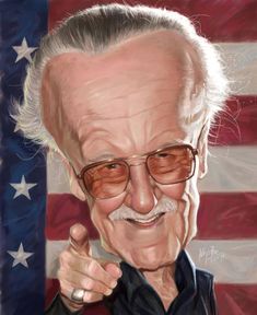 an older man with glasses and a mustache in front of the american flag holding his thumb up