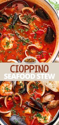 seafood stew in a large pot with the title above it that reads cloppino seafood stew