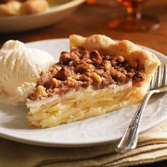 a slice of pecan pie on a plate with two scoops of ice cream