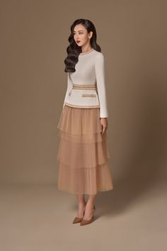 Modest High Fashion, Elegant Day Outfit, Shirt With Long Skirt, 3 Layer Dress, Neutral Color Background, Can Can Skirt, Elegant Skirt Outfits, Feminine Skirts, Classy Tops