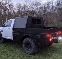 the truck is parked in the grass near some trees