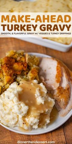 make - ahead turkey gravy on a plate with mashed potatoes and gravy