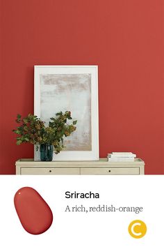 a red wall with a white frame and some plants on top of the table in front of it