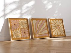 three framed art pieces sitting on top of a hard wood floor