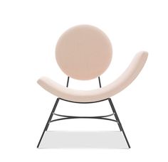 a white chair with black legs and a pink cushion on the back, sitting in front of a white background