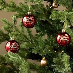 a christmas tree with ornaments hanging from it's branches