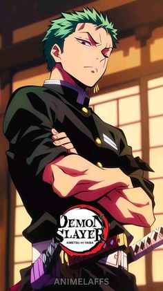 an anime character with green hair and black clothes, holding his arms crossed in front of him