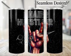 two black tumbles with the words hair hustler on them and an image of a hand holding scissors