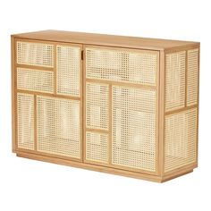 the sideboard is made out of wicker and has four doors on each side