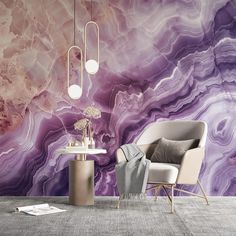 a chair and table in front of a purple marble wall