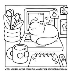 a black and white drawing of a cat sleeping on top of a laptop computer next to flowers