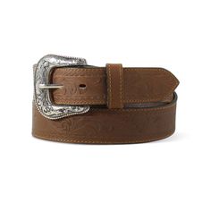 floral embossed belt | Men's floral embossed belt in Brown, Size: 46 by Ariat Cow Boy Belt, Classic Leather Belt Buckles For Rodeo, Classic Adjustable Hand Tooled Belt, Classic Adjustable Hand-tooled Belt, Classic Concho Belt For Western-themed Events, Classic Hand Tooled Belt Buckles For Western-themed Events, Classic Belt Buckles For Western-themed Events, Western Groomsmen Gifts, Western Groomsmen