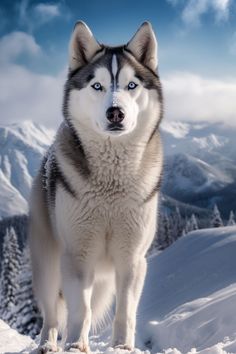 a husky dog standing on top of a snow covered hill with mountains in the background