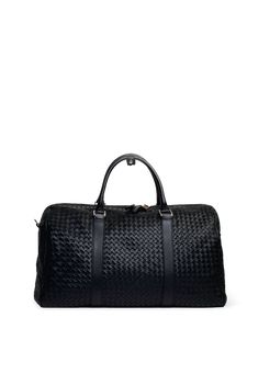 Hand-woven nappa leather double zipper duffle bag with two carry handle and removable shoulder strap. It features one internal zip pocket and one internal flat pocket. Made in Italy. DIMENSIONS Height: 32 cm / 12.6"Width: 50 cm / 20"Depth: 18 cm / 7" Luxury Black Travel Duffle Bag, Leather Bags With Intrecciato Weave For Travel, Leather Travel Bags With Intrecciato Weave, Designer Woven Leather Travel Bag, Classic Woven Leather Bag With Double Handle, Classic Woven Leather Tote Bag, Designer Travel Bag With Woven Leather, Designer Travel Bag With Braided Handles, Luxury Woven Leather Shoulder Bag For On-the-go