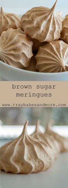 chocolate meringues on a white plate with the words brown sugar meringue