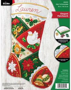 the christmas stocking pattern is shown in red, green and white with gold trimmings