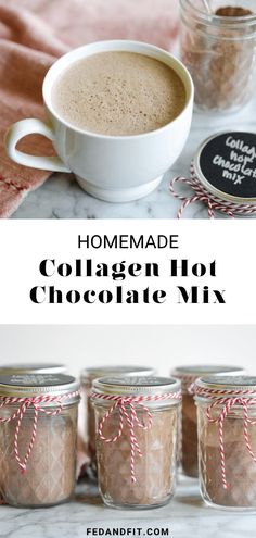 homemade collagen hot chocolate mix in mason jars