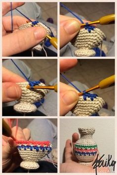 crocheted vase being worked on by someone using knitting needles and yarn to make it look like an ornament