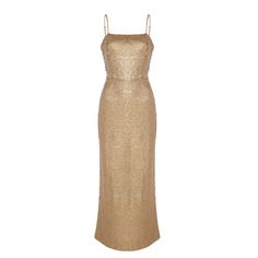 a gold dress with spaghetti straps on the back and side, it is made from shiny fabric