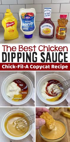 the best chicken dipping sauce recipe is shown in four different pictures, including an image of