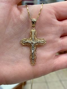 14k beautiful and unique, vine, design, two-tone, Crucifix Pendant. Material: 14k solid gold. Length: 1.5 Inches. With bail 1.75 inches. Weight: Approximately 3.3 grams. Comes in a nice box. *Chain is sold separately and available at check out. Chain is typically 1.5-3 grams depending on length chosen.* Dope Jewelry Accessories, Necklace Ideas, Jewelry Accessories Ideas, Vine Design, Dope Jewelry, Jewelry Fashion Trends, Jewelry Lookbook, Christian Jewelry, Gold Cross