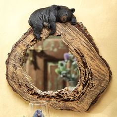 Bear on Tree Trunk Mirror Black Bear Decor, Lazy Bear, Black Forest Decor, Bear Statue, Log Home Decorating, Rustic Mirrors, Bear Decor, Lodge Decor, Up House