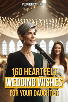 a woman standing in front of a microphone with the words, 150 heart felt wedding wishes for