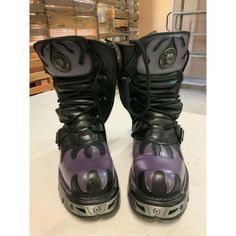 New Rock Boots Purple Flames #591 Size EUR 45 New Rock Flame Boots, Purple Leather Foldover Boots, Purple Black Boots, Purple Demonia Shoes, Flame Platform Boots, New Rock Boots, Rock Boots, Purple Flame, New Rock