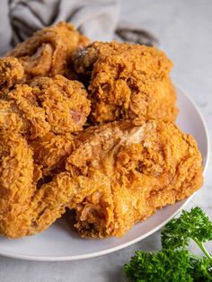 fried chicken on a white plate with parsley