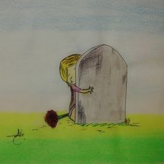 a drawing of a person leaning over a grave with a flower in front of it