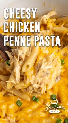 cheesy chicken penne pasta in a white bowl with a wooden ladle