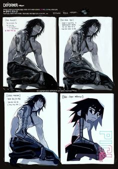 four different pictures of an anime character with black hair and no shirt, one is kneeling down