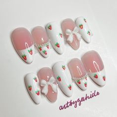 Strawberry coquette french tip press-on nails hand-painted by me! Easy to put on.  Please follow the steps to complete your sizing information (in the last photo). Message me the photos when you're done. Please take them clearly and in good lighting so I can properly determine your size. Also, please include your desired shape and length of the nail.  Sets are handmade which means that there may be a slight variation from photos. Nails are reusable when handled with care. All press-on orders include: 10 nails, nail glue, nail file, alcohol wipe, and instructions. If you have any questions, please feel free to contact me! ⭐️You can also request a design too just message me!⭐️ Instagram~ @artbyzahide Cute Nails Strawberry, Press On Sets, Nail Ideas Strawberry, Press On Nails Cute, Bo Peep Nails, Clear Nail With Design, Strawberry Toenails, Chocolate Strawberry Nails, Strawberry Themed Nails