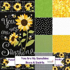 Hello Sunshine You are my Sunshine BUNDLE FABRIC w/ Sunflower Chalkboard Panel. Timeless Treasure’s 100% Cotton fabric by Gail Cadden You Are My Sunshine / Hello Sunshine Collection. New name, Hello Sunshine with complementing fabrics by Timeless Treasures, Studio E, and QT Ombre Squares fabric. Bundle includes 8 designs and 1 panel (you choose cut FQ, 1/2 yard, or 1 yard). Gail has been designing best-selling novelty prints for Timeless Treasures for over 15 years! ****This listing includes ONE PANEL of Sunflower Chalkboard with any size cut bundle purchase.**** You get fabrics listed below. FEATURES: 1 cut of each fabric shown: Sunflower Chalkboard PANEL Grass Swirl by Studio EHoney Pots QT Marigold Ombre SquaresYou Are My Sunshine White words on blackBees on yellow HoneycombBees on Blac Sunflower Fabric, Star Wars Fabric, Kids Bridal, Fat Quarter Fabric, Nursery Quilt, Marcus Fabric, Fabric Kit, Precut Quilts, Quilting For Beginners