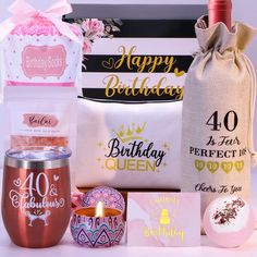 the birthday gift hamper is filled with personalized gifts for her and her friends