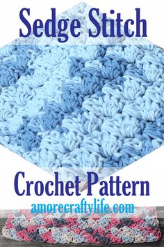 a crocheted dishcloth with the words sedge stitch on it in blue and pink