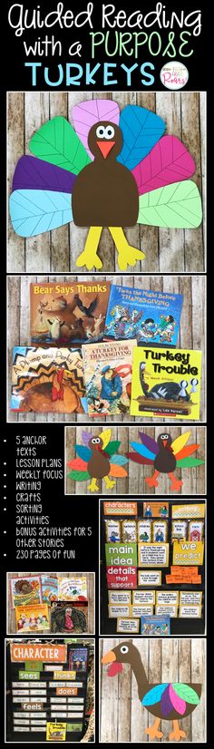 This fun turkey unit has literature and writing connections to 10 fun turkey stories. It is perfect for kindergarten, first or second grade. There are anchor charts to go with 5 of the books, 4 different turkey crafts, and loads of activities. Your students will be all ready for Thanksgiving after ready these gobble stories. Turkey Trouble Disguise, Bear Says Thanks, Shared Reading Activities, First Grade Lessons, Primary Teacher, Turkey Crafts, Reading Comprehension Strategies, Ela Activities