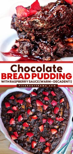 Chocolate Bread Pudding is a warm and decadent dessert of bread cubes soaked in a rich chocolate custard and then layered with more chocolate before being baked and served with a drizzle of raspberry sauce! Valentines Recipes, Chocolate Bread Pudding, Easy Chocolate Desserts, Chocolate Custard, Baking Bread Recipes, Slow Cooker Desserts, Raspberry Sauce, Chocolate Bread