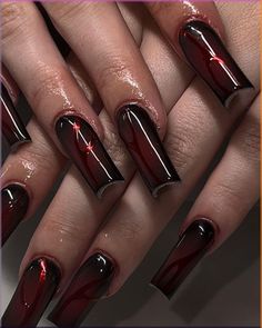 black and red nails ideas Long Nails Black And Red, Red Vampy Nails, Black Nails With Red Chrome, Red And Black Chrome Nails, Red And Black Nails Design Classy, Medium Long Nails Ideas, Cute Dark Nails, Red Nails With Designs, Red Gothic Nails