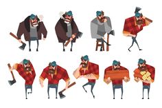 set of cartoon characters in different poses, including an old man with a beard and hat