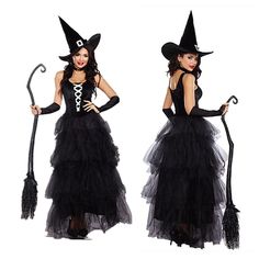 a woman wearing a witch costume and holding a broom