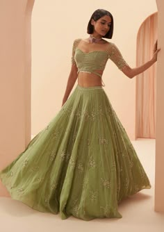 Parul Gandhi-Jade Green Embellished Lehenga Set-INDIASPOPUP.COM Lehanga Blouses Modern, Jade Lehenga, Geometric Lehenga, Lehenga Ideas, Modern Blouse, Jade Green Color, Modern Bridal Gowns, Lehenga Pattern, Choli Blouse