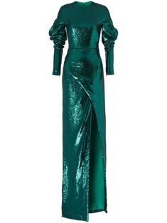 green sequin embellishment concealed rear zip fastening long puff sleeves front slit straight hem floor-length Green Sequin Dress Long, Sequin Dress Long, Dress Reference, Edgy Glam, Green Sequin Dress, Sequin Embellishment, Embellished Maxi Dress, Green Dresses, Green Sequins