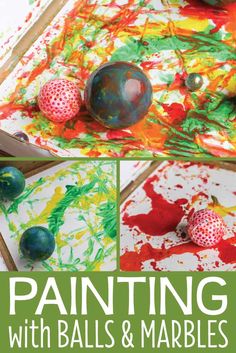 painting with balls and marbles is an easy art project for kids to do at home