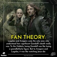 two people standing next to each other in the woods with text that reads, fan theory