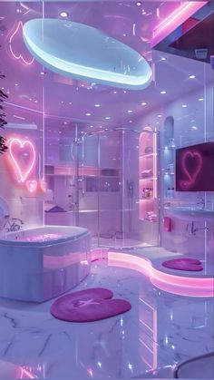 the bathroom is decorated in pink and white with heart shaped lights on the ceiling over the bathtub