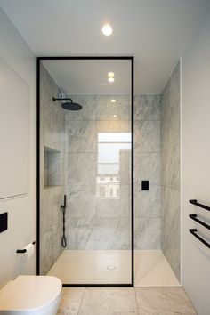 a bathroom with a walk in shower next to a toilet