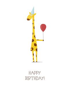 a giraffe holding a red balloon with the words happy birthday