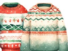 two sweaters with different patterns on them, one is red and the other is green