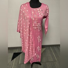 2 Piece Indian Dress With Kurti And Duppata Spring Party Palazzo Set With Printed Motifs, Cotton Party Dresses For Eid, Cotton Anarkali Party Dress, Elegant Cotton Festive Dresses, Elegant Cotton Palazzo Set For Spring, Elegant Spring Cotton Palazzo Set, Elegant Cotton Dress With Dupatta, Festive Long Sleeve Rayon Kurta, Elegant Pink Cotton Palazzo Set